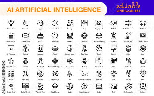 Set of Ai artificial intelligence icon set vector collection. AI Essentials line Icon collection, artificial intelligence icon set in line style, machine learning, smart robotic Free Vector