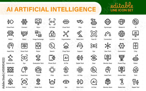 Set of Ai artificial intelligence icon set vector collection. AI Essentials line Icon collection, artificial intelligence icon set in line style, machine learning, smart robotic Free Vector