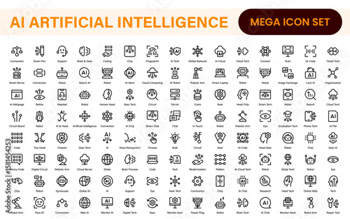 Set of Ai artificial intelligence icon set vector collection. AI Essentials line Icon collection, artificial intelligence icon set in line style, machine learning, smart robotic Free Vector