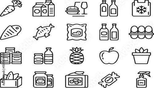 Collection of black and white outline icons representing various food and grocery products