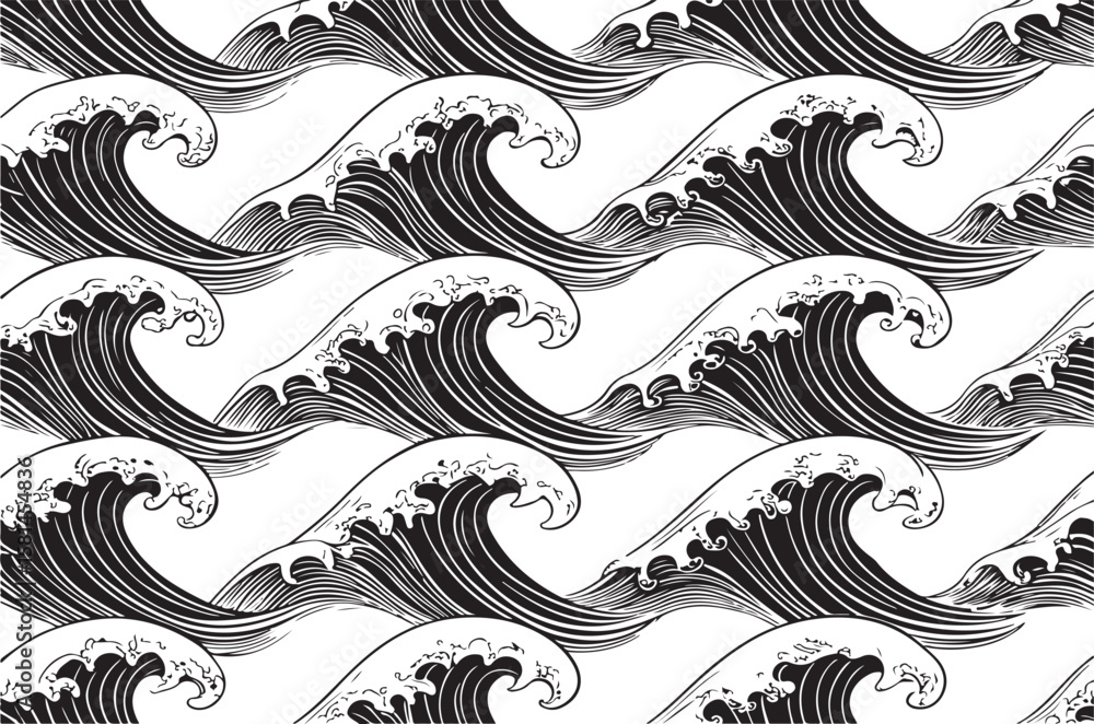Fototapeta premium Seamless black and white pattern of japanese wave design for decorative purposes