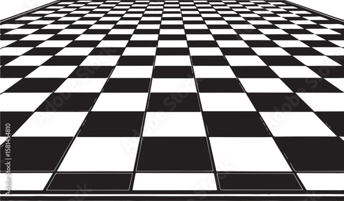 Perspective view of a black and white checkerboard pattern creating depth effect