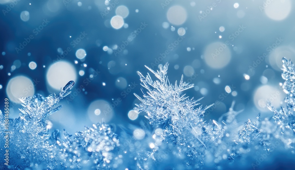 Fototapeta premium Close-up of intricate ice crystals against a soft, blue, bokeh background