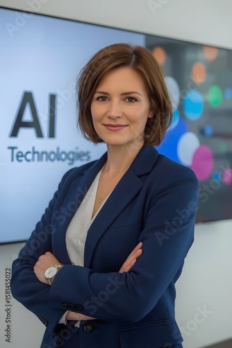 Confident professional woman in blue suit standing in front of AI technologies screen, representing leadership in artificial intelligence and digital innovation industry.

