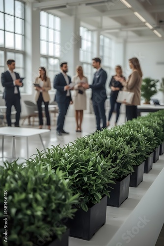Modern office environment with corporate employees networking and having informal discussions surrounded by potted green plants, symbolizing sustainability and business collaboration.

