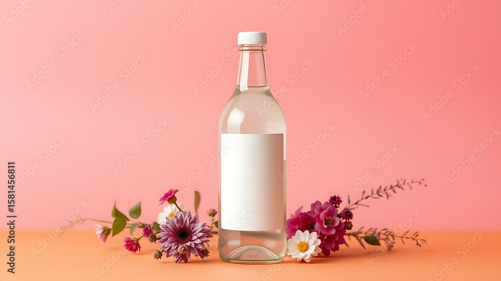 Elegant glass bottle mockup with blank label surrounded by delicate flowers set against a soft pink backdrop for a refreshing and natural aesthetic. Elegant glass bottle mockup with blank label surrounded by delicate flowers set against a soft pink backdrop for a refreshing and natural aesthetic.