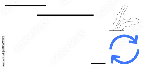 Black horizontal lines suggest progress. Blue looping arrows highlight renewal or cyclic process. Leafy plant represents organic growth. Ideal for sustainability, development, innovation, process