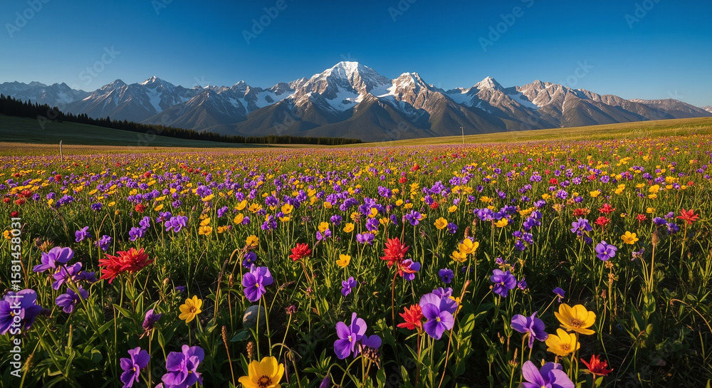 Obraz premium Vibrant alpine meadow with colorful wildflowers and majestic snow-capped mountains under a clear blue sky
