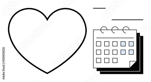 Black outline of a heart next to a spiral calendar with highlighted dates, symbolizing planning and care. Ideal for relationships, health, reminders, schedules, goals, time management, simple flat