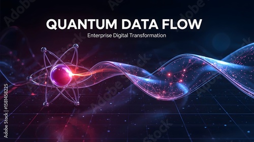 Futuristic quantum data stream visualization with glowing atom structure and flowing digital waves representing enterprise digital transformation and advanced information flow.

