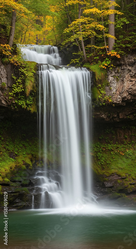 Serene cascading waterfall with silky long exposure in a lush green and yellow autumn forest