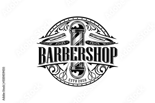 Classic barbershop logo design featuring vintage elements and a traditional barber pole. Scissors and razor element.