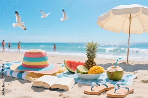 Wallpaper Mural Tropical beach picnic with fruit, book, coconut drink, and summer hat Torontodigital.ca