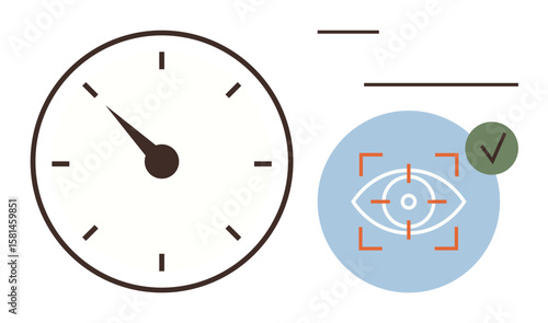 Clock representing time, eye within focus frame on blue circle, and a checkmark. Ideal for precision, efficiency, productivity, time tracking, validation awareness accurate planning. Simple flat