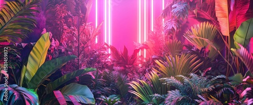 Lush tropical foliage bathed in vibrant pink neon light