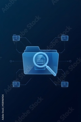 Digital document folder icon with magnifying glass on dark blue background, representing data search, file organization, information management, and digital archiving

