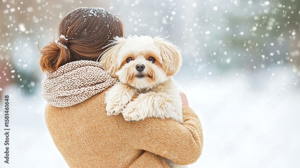 Fototapeta premium Maltese dog being held by woman in snowy scene 