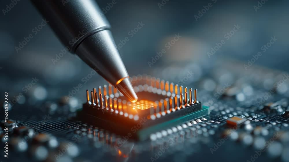 Close up view of cpu circuit design glowing warmly microchip with pen tip and micro soldering cpu pins showing electronic