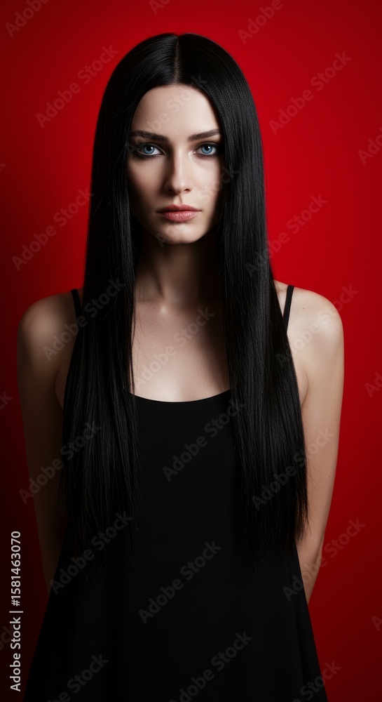 Fototapeta premium Beautiful sensual woman model with long dark hair, red lips, and glamour make-up in a studio