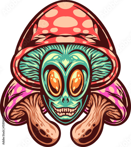 Mystical Mushroom Alien: A captivating illustration of a unique mushroom alien, blending the fantastical elements of nature and otherworldly beings, showcasing vibrant colors and intricate details.