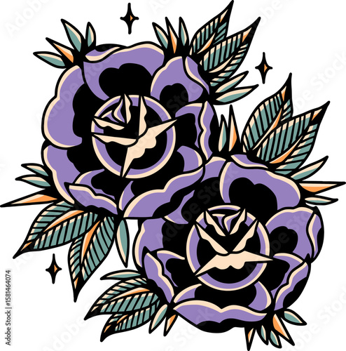Floral Tattoo Delight: An eye-catching display of two elegant roses, exquisitely inked in a timeless, vintage tattoo design, perfect for adding a touch of classic artistry.