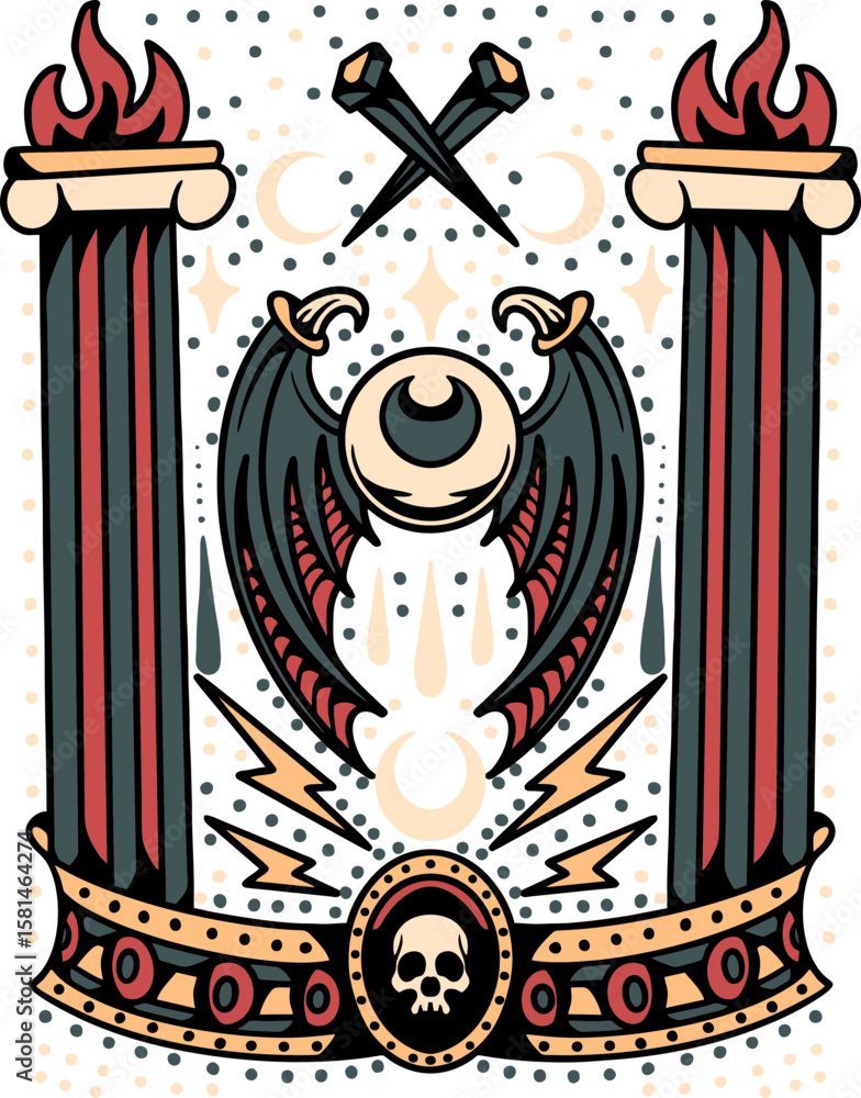Fototapeta premium Symbolic Artwork: An eye within bat wings and skull. Set between flamed pillars, a captivating illustration evoking mystery and symbolic depth, offering a visual exploration of the unknown.