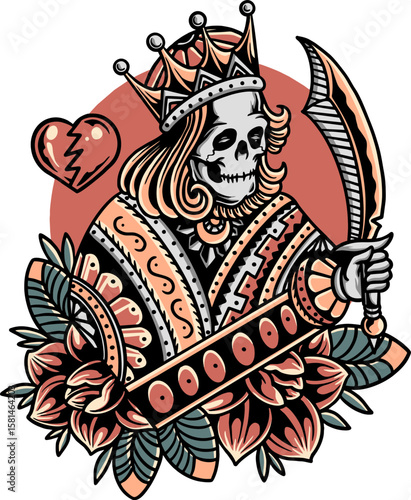 King of Broken Hearts: An intricately illustrated playing card design presents a skeletal king holding a sword, symbolizing a blend of power and sorrow, with decorative floral elements.