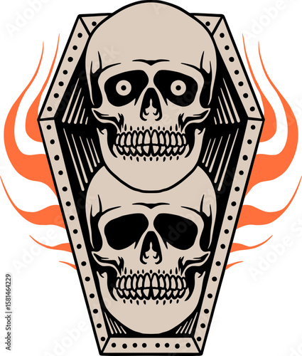 Death's Embrace: A grim illustration features two skulls nestled within a coffin, evoking a sense of mortality and the passage of life.  