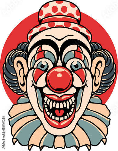 Mysterious Clown's Smile: A vivid illustration presents a clown with an unsettling grin, adorned in a colorful outfit, capturing the essence of eerie amusement.