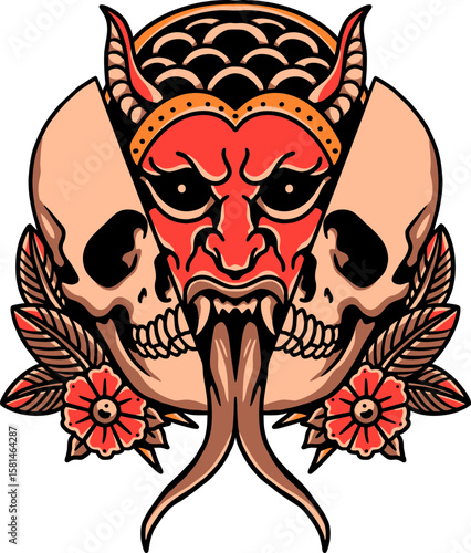 Artistic Demon and Skulls Design: An original tattoo-inspired illustration showcases a formidable red demon mask embraced by two detailed skulls.