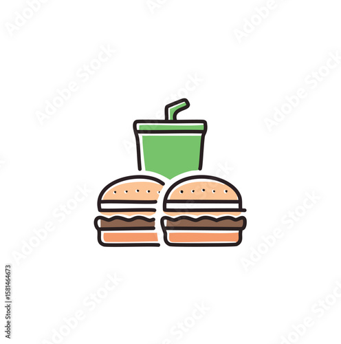 Two burgers and a green drink with straw hamburger soda