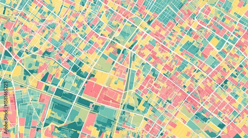 Abstract aerial view of a city with colorful building plots and white roads