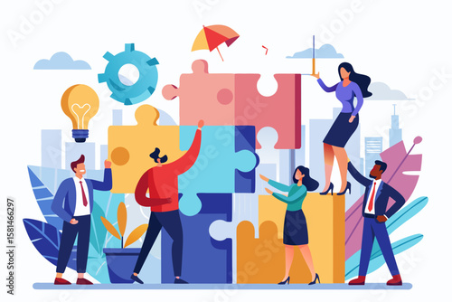 Teamwork puzzle success with diverse business people solving challenges together in an urban setting, showing collaboration and problem-solving