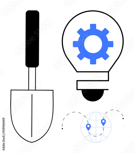 Shovel representing manual work, lightbulb with gear symbolizing innovation, pins on globe denoting connectivity. Ideal for sustainability, innovation, global cooperation, agriculture, technology