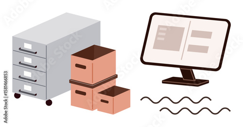 File cabinet, cardboard boxes for storage, computer monitor with data graphics, and wavy lines representing data flow. Ideal for organization, storage, archiving, digital transformation, data