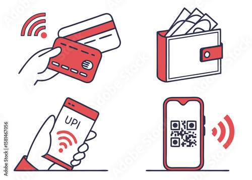 Set of icons representing modern payment methods including contactless cards and mobile payments