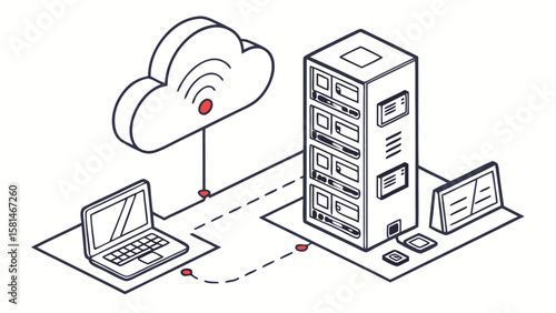 Isometric illustration of cloud computing network with laptop and server rack