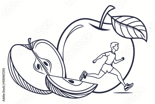 Man running in front of a large apple and sliced apples representing healthy lifestyle