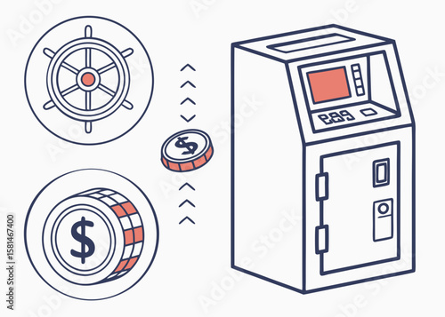 Financial growth and atm transaction concept with coins and steering wheel