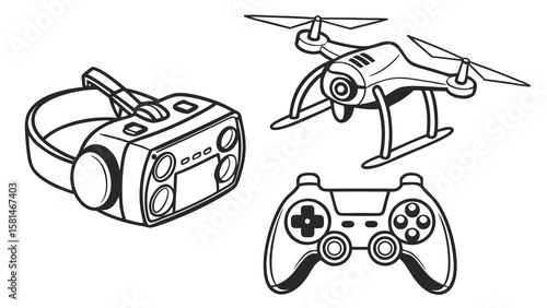 Collection of modern technology devices including a vr headset drone and game controller