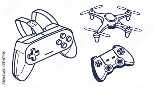 Collection of modern technology devices including a vr headset and game controllers