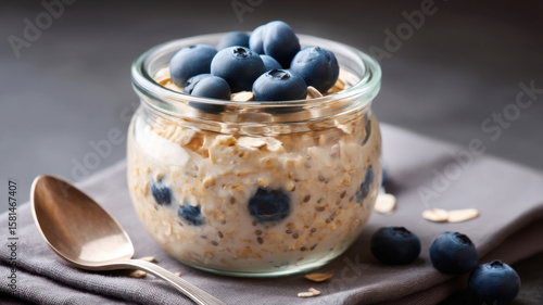 Creamy overnight oats topped with fresh blueberries in a glass jar, placed on a gray napkin with a spoon beside it.