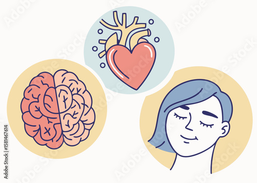 Illustration of a brain heart and smiling person representing mental and emotional well being