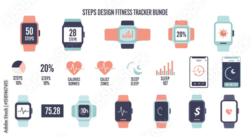 Collection of fitness tracker devices and app icons, displaying various metrics.
