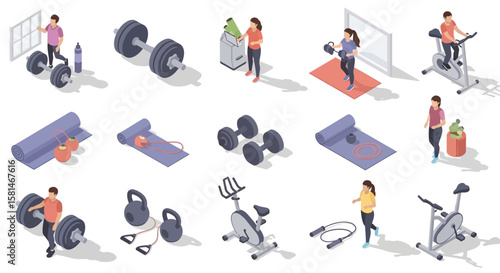Isometric illustrations of various fitness activities and equipment, including people exercising, dumbbells, kettlebells, exercise bikes, and yoga mats.