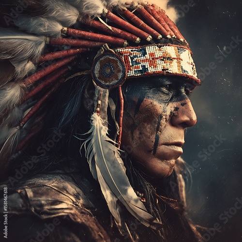 Native American Warrior in Headdress Profile View