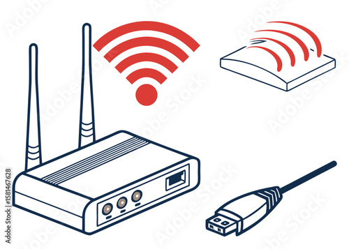 Wireless router with wi fi signal network cable and signal waves