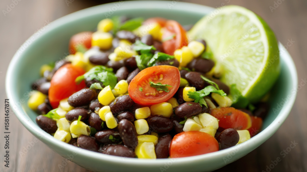 A bowl of fresh black bean salad with corn, cherry tomatoes, cilantro, and a lime wedge, showcasing vibrant colors and healthy ingredients. A bowl of fresh black bean salad with corn, cherry tomatoes, cilantro, and a lime wedge, showcasing vibrant colors and healthy ingredients.