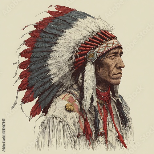 Native American Man with Headdress Portrait