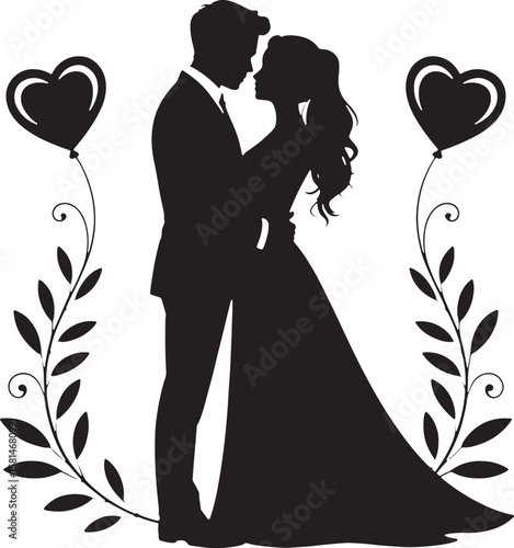 Couple Embracing With Heart Balloons and Floral Accents wedding love
